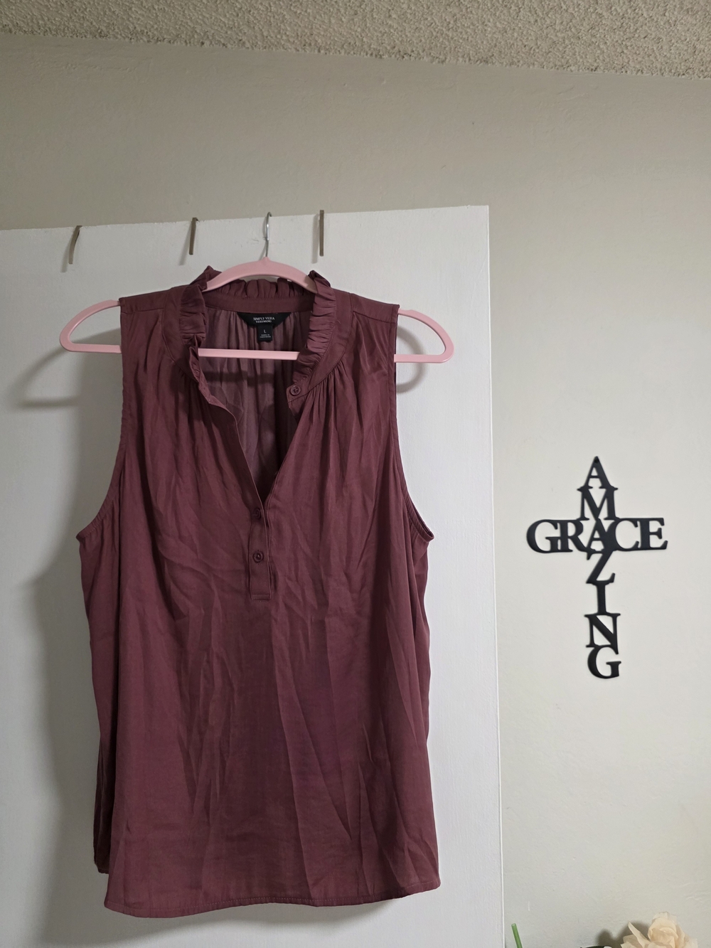 Simply Vera Vera Wang Sleeveless Ruffle Henley Tank - Mauve Rose